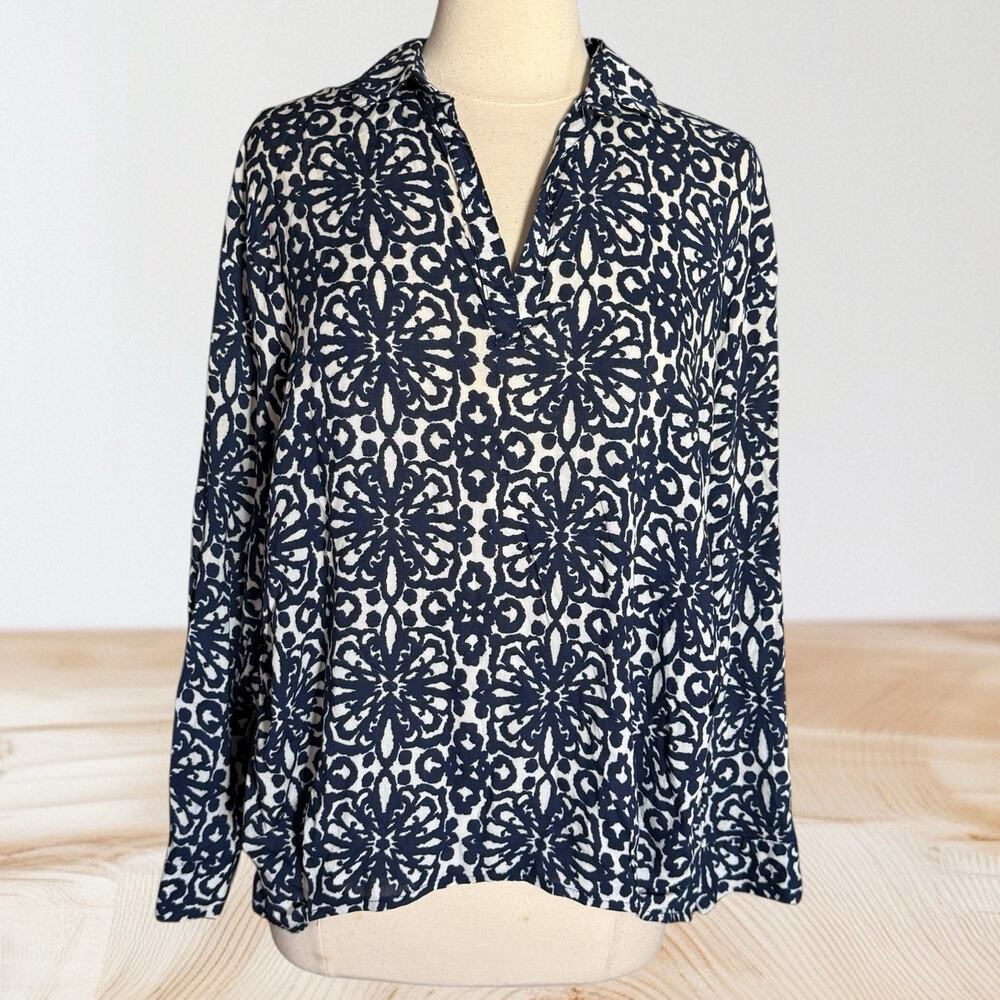 NU New York Popover High Low Bubble‎ Pullover Top O/S Navy Print Trendy Upscale
